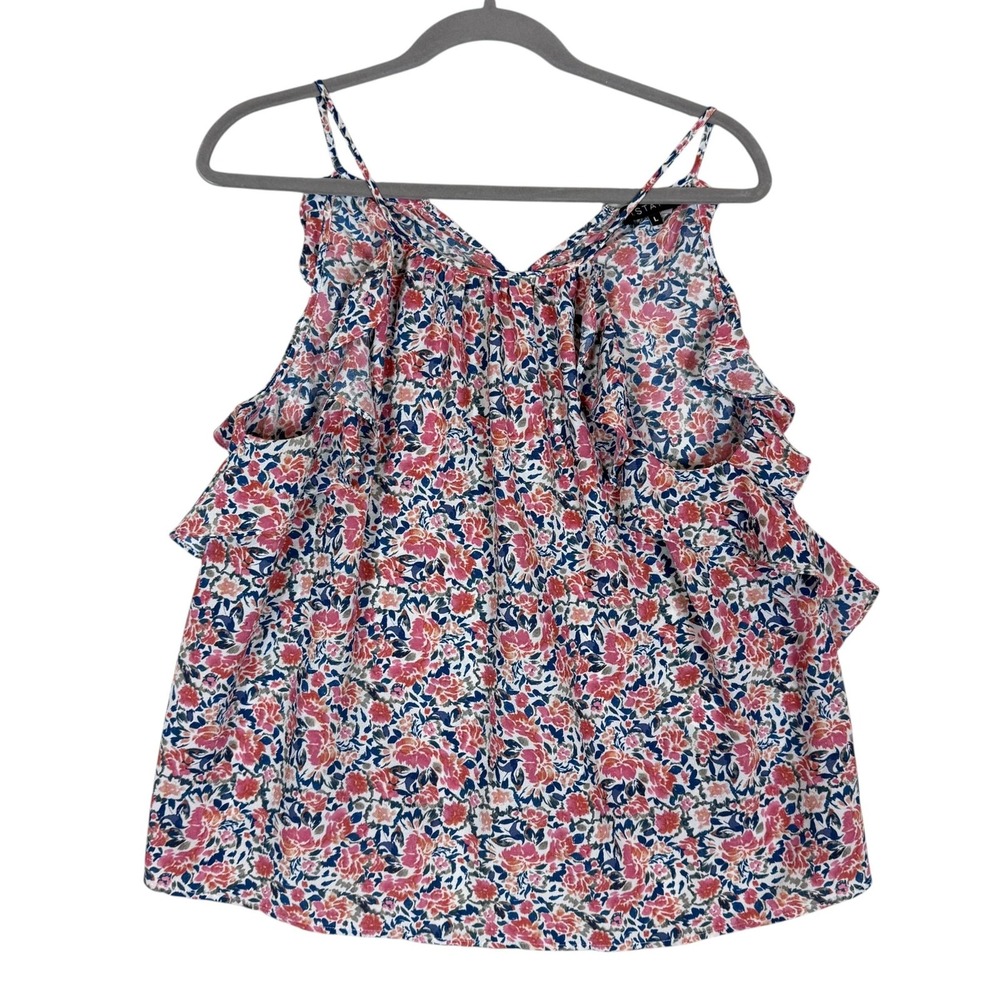 1.STATE Tank Top Camisole Womens Large Multicolor Floral Ruffle Trim Chiffon